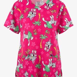 Tom & Jerry Palm Trees Hawaiian 2-Pocket Scrub Top Size M Medium Nurse Caregiver